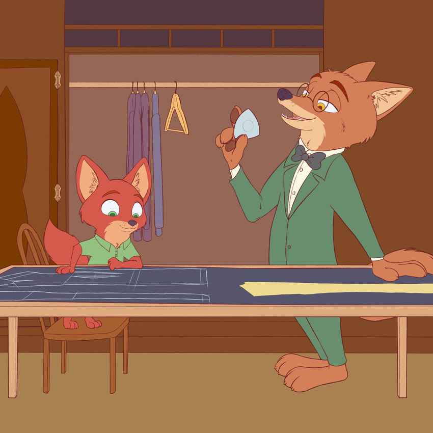 age_difference anthro blueprint chair clothed clothes_hanger clothing duo eyewear fully_clothed fur furniture glasses green_clothing green_eyes green_topwear inside looking_at_another looking_down male open_mouth orange_body orange_fur orange_tail table tail tongue topwear young young_anthro nemonutkin disney zootopia john_wilde nick_wilde canid canine fox mammal red_fox true_fox 1:1 hi_res