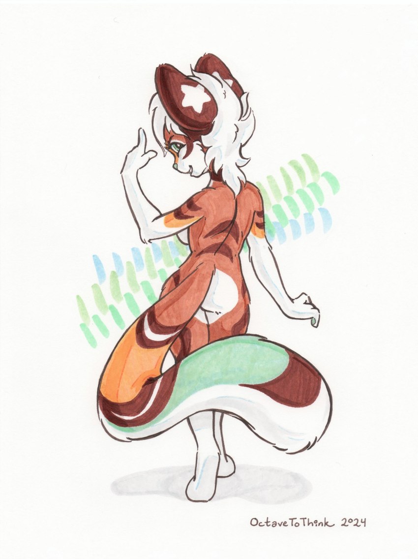 anthro big_tail brown_body butt cheek_tuft facial_tuft female fluffy fluffy_tail fur gesture green_eyes green_nose hair hand_gesture long_tail looking_at_viewer looking_back looking_back_at_viewer markings mullet nude orange_body pointing rear_view short_hair solo star_(marking) striped_body striped_fur stripes tail thick_tail tuft walking white_body white_hair conditional_dnp octavetothink felid feline mammal pantherine 2024 absurd_res hi_res marker_(artwork) traditional_media_(artwork)