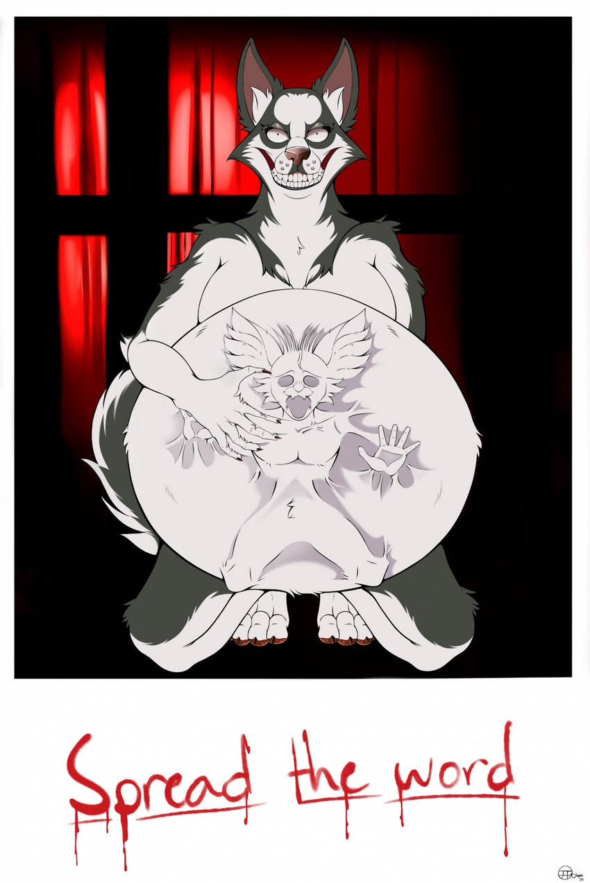 abdominal_bulge anthro anthro_pred belly big_belly blood_writing body_outline claws creepy creepy_smile ears_up fangs female female_pred forced front_view fur hand_on_belly horror_(theme) huge_belly inner_ear_fluff kneeling larger_pred looking_at_viewer nude sitting smaller_prey smile smiling_at_viewer solo teeth text toe_claws tuft unwilling_prey vore jimfoxx creepypasta smile.dog canid canine canis domestic_dog husky mammal nordic_sled_dog spitz 2023 digital_media_(artwork) hi_res signature