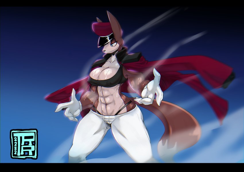 abs anthro athletic athletic_female big_breasts bodily_fluids bottomwear breasts cleavage clothed clothing female fur hat headgear headwear multicolored_body multicolored_fur panties pants solo sweat two_tone_body two_tone_fur underwear wide_hips teaspoon canid canine mammal hi_res