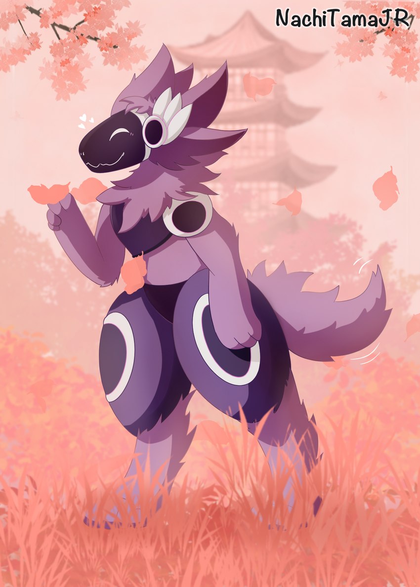 ambiguous_gender anthro branch building detailed_background fur grass leaf machine pink_background plant protogen_visor purple_body purple_ear purple_fur screen screen_face simple_background smile solo structure text tree white_eyes nachitamajr canid canine mammal protogen hi_res