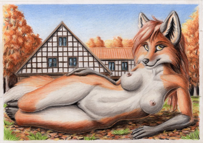 anthro architecture autumn breasts building female genitals grass house leaf looking_at_viewer lying nipples nude on_side outside plant plantigrade pussy sky solo tree tudor window yellow_eyes syntech canid canine fox mammal hi_res