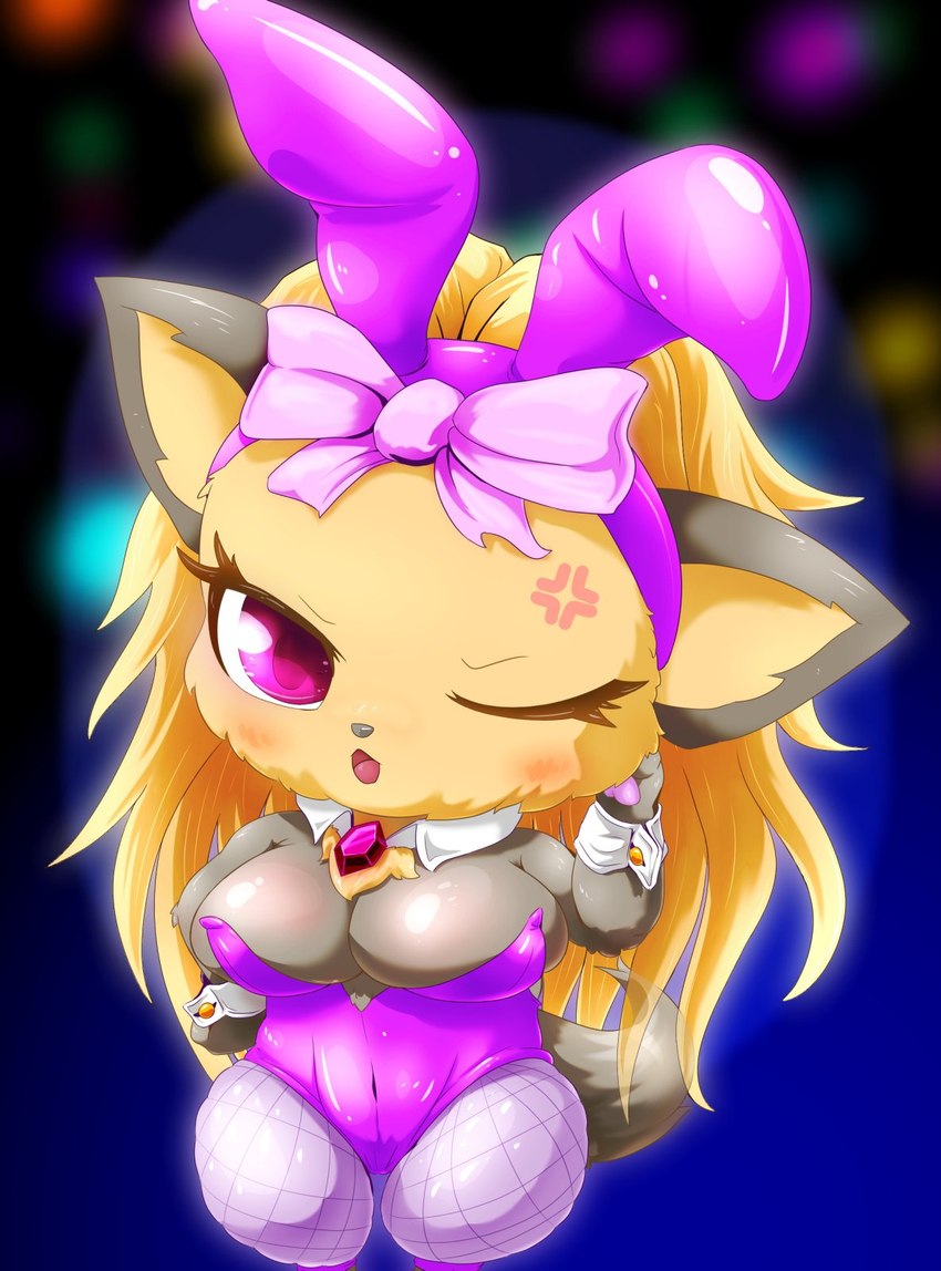 annoyed anthro big_breasts blush breasts bunny_costume chibi clothing collar colorful_background costume cuffs_(clothing) female fishnet_clothing fishnet_legwear fluffy fluffy_tail hair legwear lights long_hair looking_at_viewer one_eye_closed purple_eyes ribbons semi-anthro solo tail moto_tsuchi jewelpet sanrio sega sega_fave topaz_(jewelpet) canid canine canis domestic_dog hunting_dog mammal terrier yorkshire_terrier colorful_theme hi_res