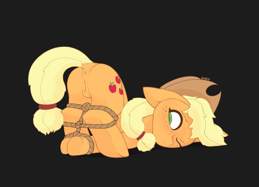 ass_up bdsm bondage bound butt female feral genitals pussy rear_view restraints rope rope_bondage solo stuck enzodoesart friendship_is_magic hasbro my_little_pony applejack_(mlp) equid equine horse mammal pony hi_res