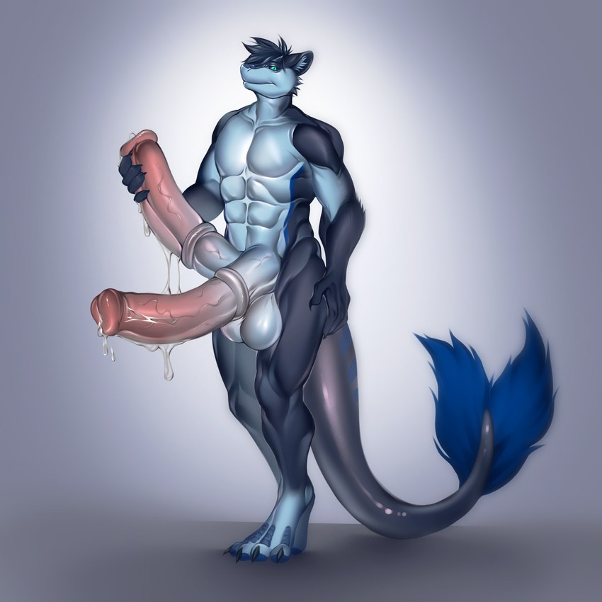 2_penises 2_tails abs animal_genitalia animal_penis anthro balls belly big_balls big_penis black_sclera blue_body blue_fur blue_penis blue_scales blue_skin bodily_fluids claws countershade_balls countershade_belly countershade_genitalia countershade_penis countershade_torso countershading equine_genitalia equine_penis erection excessive_genital_fluids excessive_precum fur genital_fluids genitals green_eyes holding_penis huge_penis long_penis male multi_genitalia multi_penis multi_tail muscular muscular_male nude pecs penis pink_penis precum scaled_nose scales solo standing tail tail_scales vein veiny_penis small_leaf_art mythology derwyn_(nsfowork) canid canine canis dragon hybrid mammal mythological_creature mythological_scalie scalie wolf 1:1 absurd_res hi_res