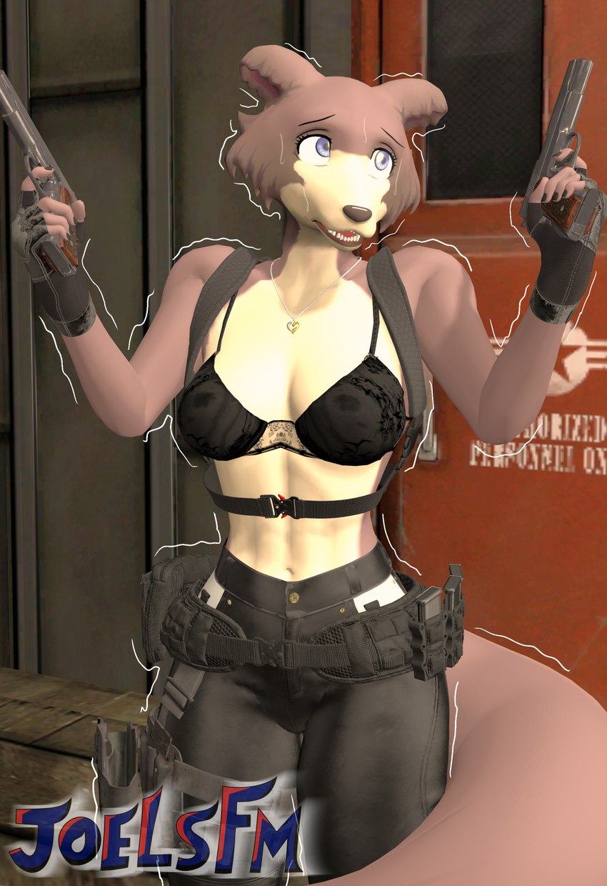 anthro belt bodily_fluids bra clothed clothing female gloves gun handwear jewelry magazine magazine_(gun) necklace partially_clothed ranged_weapon scared shaking solo sweat tail underwear weapon joelsfm beastars juno_(beastars) canid canine canis mammal wolf 3d_(artwork) digital_media_(artwork) hi_res source_filmmaker_(artwork)