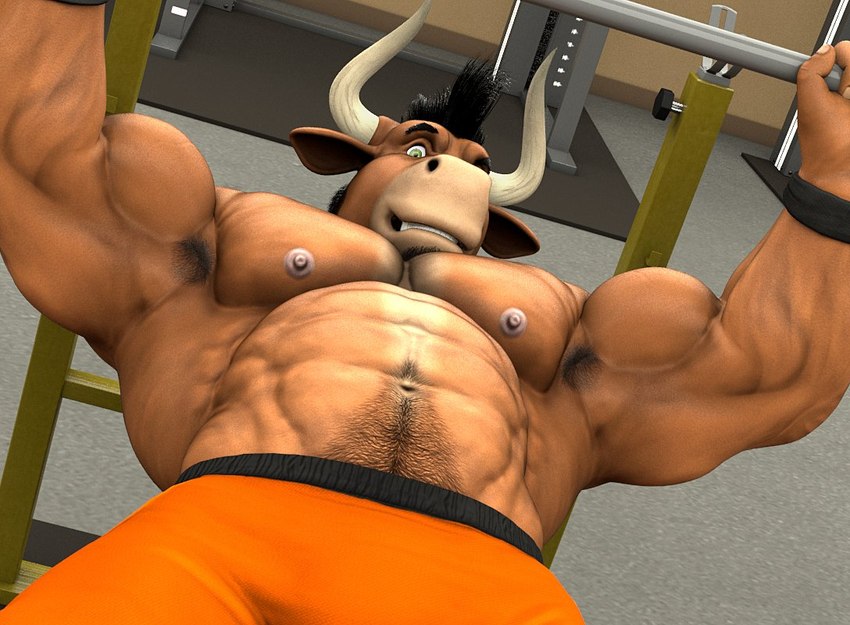 2_horns abs anthro armpit_hair barbell bench biceps black_hair black_wristband body_hair bottomwear brown_body brown_fur clothed clothing exercise facial_hair fur goatee green_eyes gym hair happy_trail horn inside looking_at_viewer lying male muscular muscular_anthro muscular_male navel nipples obliques on_back on_bench orange_bottomwear orange_clothing orange_shorts pecs pubes shorts smile solo topless triceps weight_bench weightlifting workout wristband braford house_of_beef pec_pov_meme oscar_(braford) bovid bovine cattle mammal 2024 3d_(artwork) digital_media_(artwork) meme