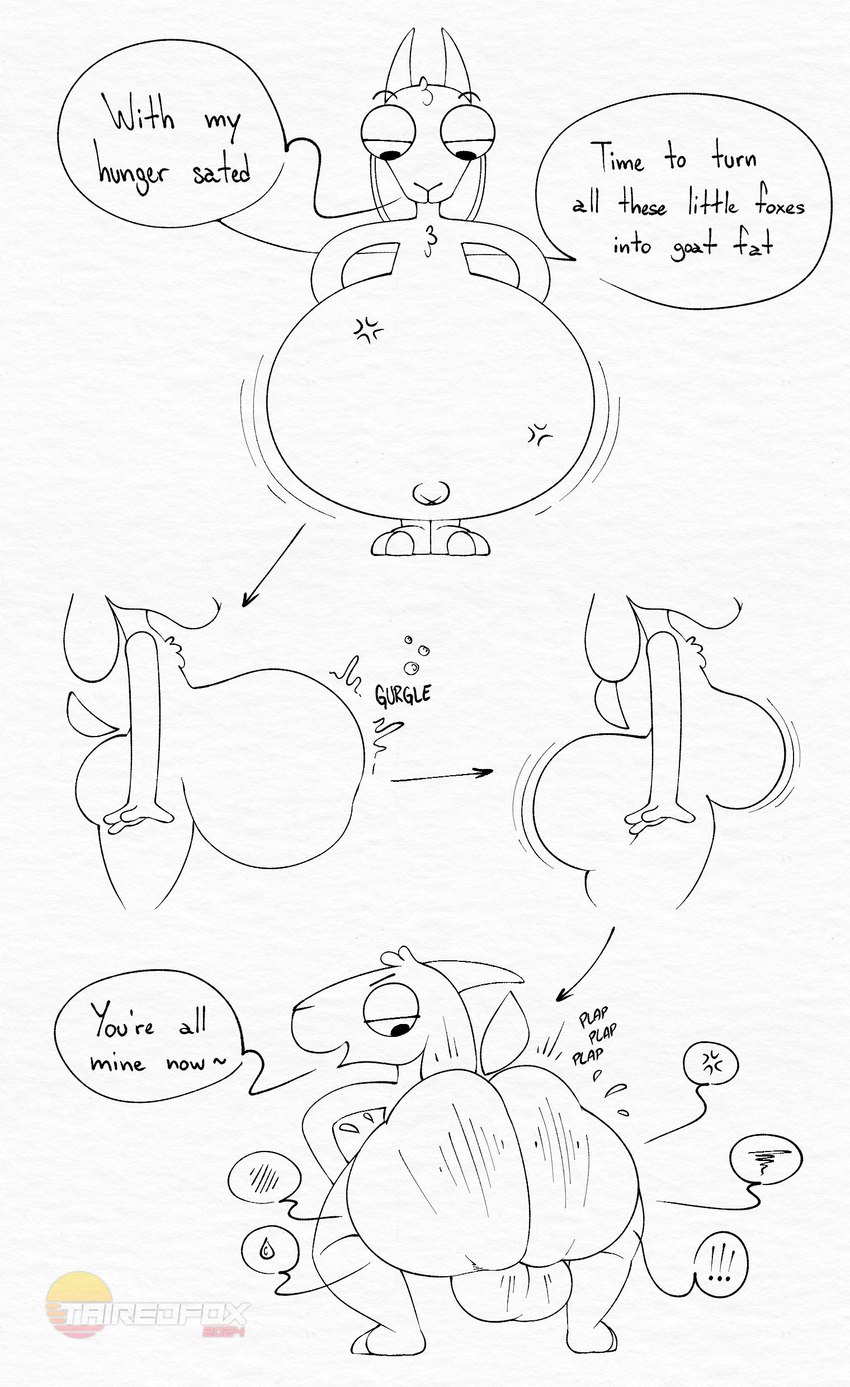 anthro ass_clapping balls belly big_butt bodily_fluids butt digestion digestion_noises eyebrows fatal_vore floppy_ears genitals group hooves horn inanimate_transformation lop_ears male motion_lines navel philtrum sentient_fat short_tail sweat tail text transformation twerking vore tairedfox arcthicc_(tairedfox) lauren_(tairedfox) leila_(tairedfox) momo_(tairedfox) tai_(tairedfox) bovid caprine goat mammal 2024 absurd_res black_and_white english_text hi_res monochrome