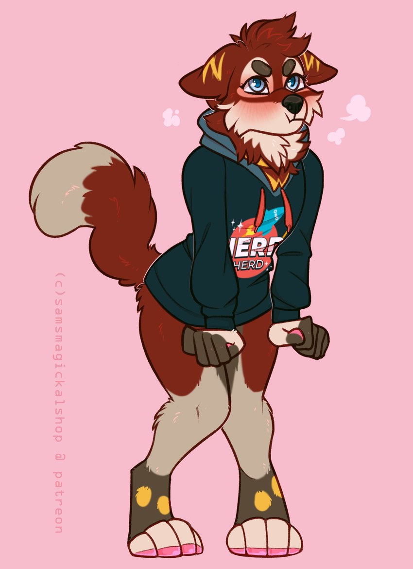 4_toes anthro blush bottomless clothed clothing feet hoodie hoodie_only male pouting simple_background solo standing toes topwear topwear_only samaella jfet canid canine mammal 2021 absurd_res hi_res