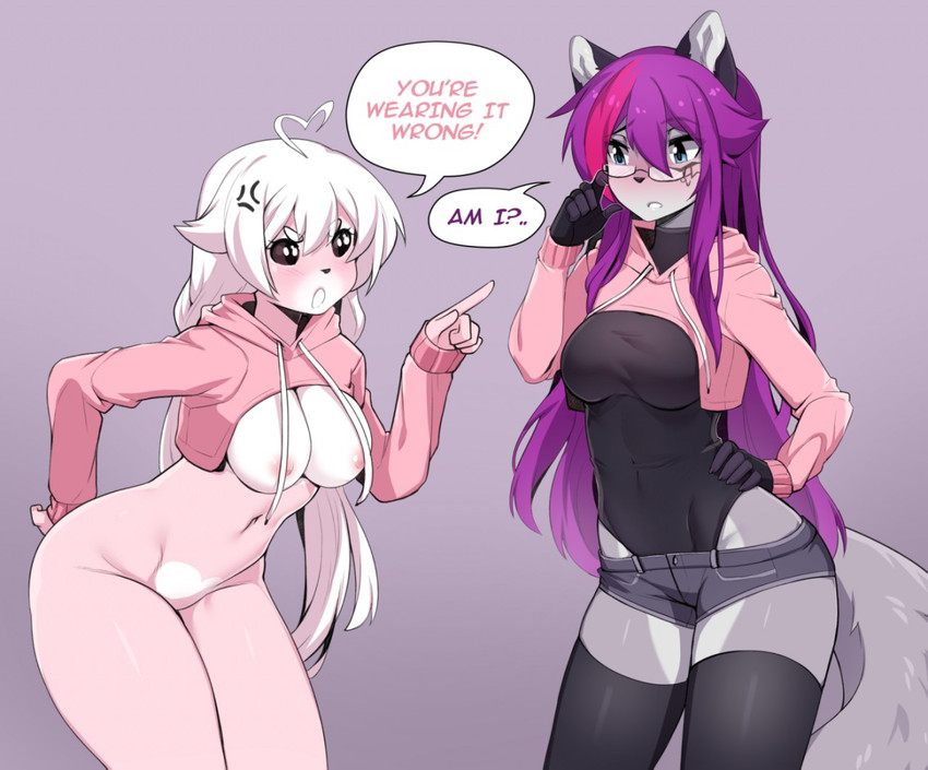 anthro breasts clothing duo eyewear female fur glasses glistening glistening_body glistening_clothing grey_body grey_fur hair hoodie legwear nipples purple_hair simple_background speech_bubble thigh_highs topwear twitter_hoodie iwbitu meme_clothing nyopu_(iwbitu) syrth canid canine fox mammal marine pinniped seal 2018 digital_media_(artwork) meme shaded