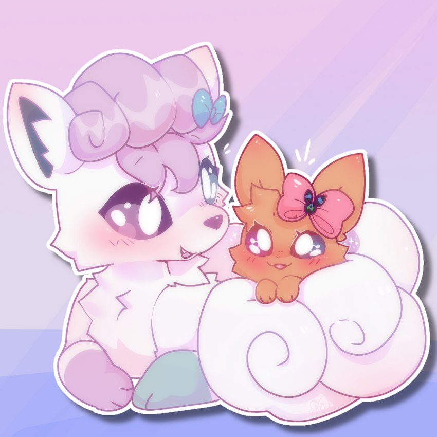 blush bow_ribbon brown_body cuddling daww duo female feral fluffy happy heterochromia smile tail white_body fluttermush nintendo pokemon fan_character gracie_(sweetcupcake) alolan_form alolan_vulpix eevee generation_1_pokemon generation_7_pokemon pokemon_(species) regional_form_(pokemon) 1:1