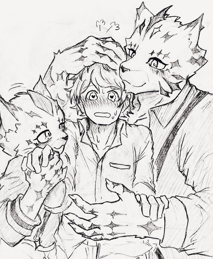 anthro blush clothing fur group hair heart_eyes heart_symbol male shirt topwear touching_hair touching_hand trio young hayata_461 lifewonders tokyo_afterschool_summoners ose_(tas) protagonist_(tas) twink_protagonist_(tas) felid human leopard mammal pantherine absurd_res hi_res pen_(artwork) sketch traditional_media_(artwork)