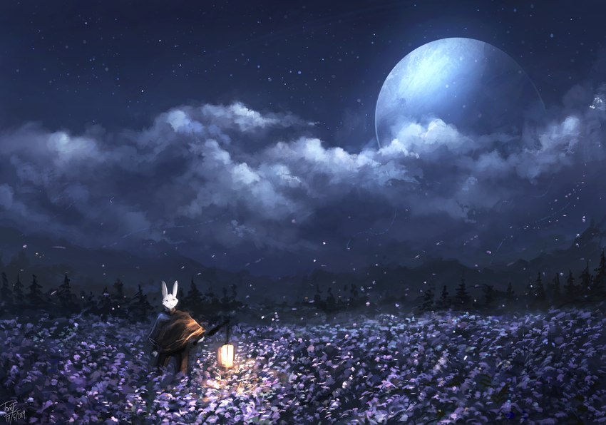 anthro biped clothed clothing cloud detailed_background flower fur holding_object lamp lantern male night outside planet plant scenery sky solo standing star starry_sky tree white_body white_fur tomtc dr_rabbit_(tomtc) lagomorph leporid mammal rabbit 2019 dated hi_res