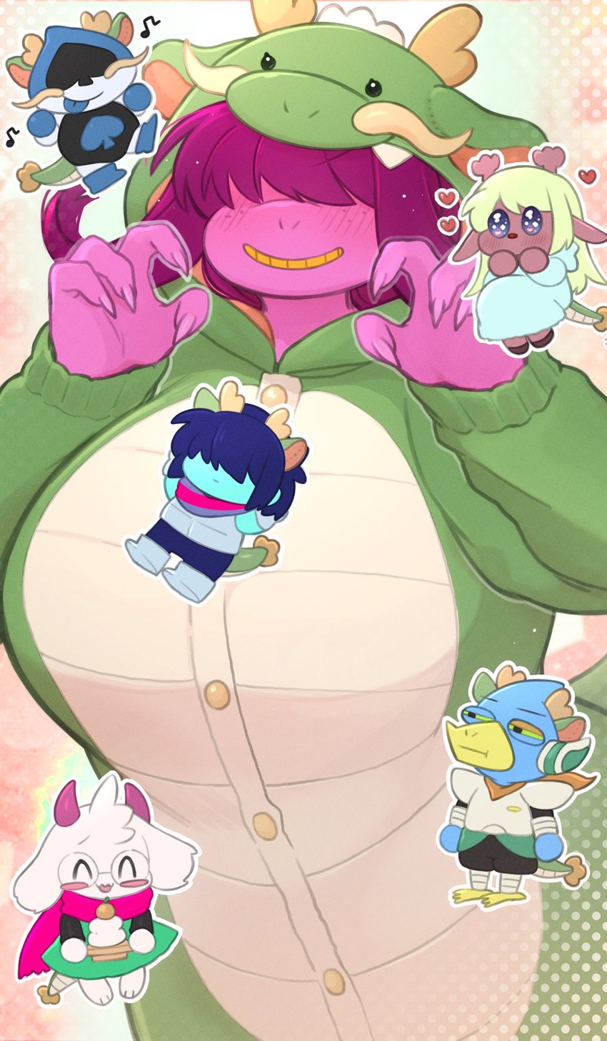 4_fingers anthro ben_day_dots claws clothing female fingers freckles front_view group hair hair_over_eyes heart_symbol holidays male onesie smile standing teeth underchikichan chinese_new_year chinese_zodiac deltarune undertale_(series) year_of_the_dragon berdly kris_(deltarune) lancer_(deltarune) noelle_holiday ralsei susie_(deltarune) avian bird bovid caprine deer goat human humanoid mammal new_world_deer reindeer scalie halftone hi_res portrait three-quarter_portrait