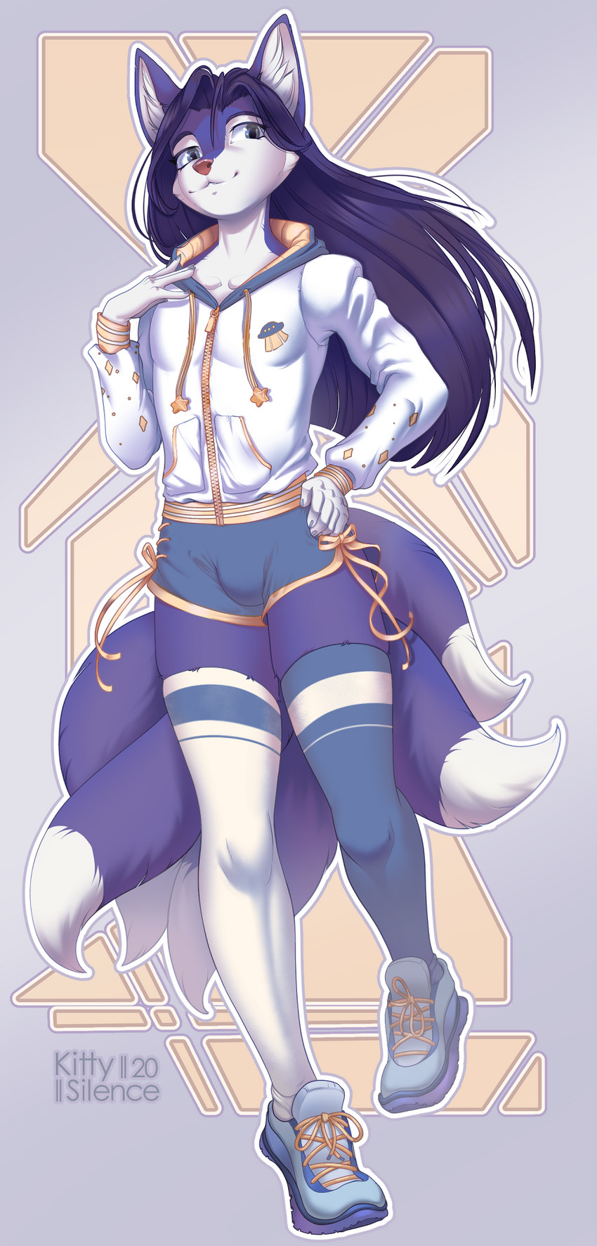 5_fingers anthro black_hair blue_eyes bottomwear bulge clothing eyebrows eyelashes femboy fingers footwear fur hair hoodie jacket legwear long_hair looking_at_viewer male multi_tail purple_body purple_fur ribbons shoes shorts smile solo tail text thigh_highs topwear katerezonate miko_(snowweaver) canid canine fox mammal 2020 digital_media_(artwork) english_text hi_res shaded signature