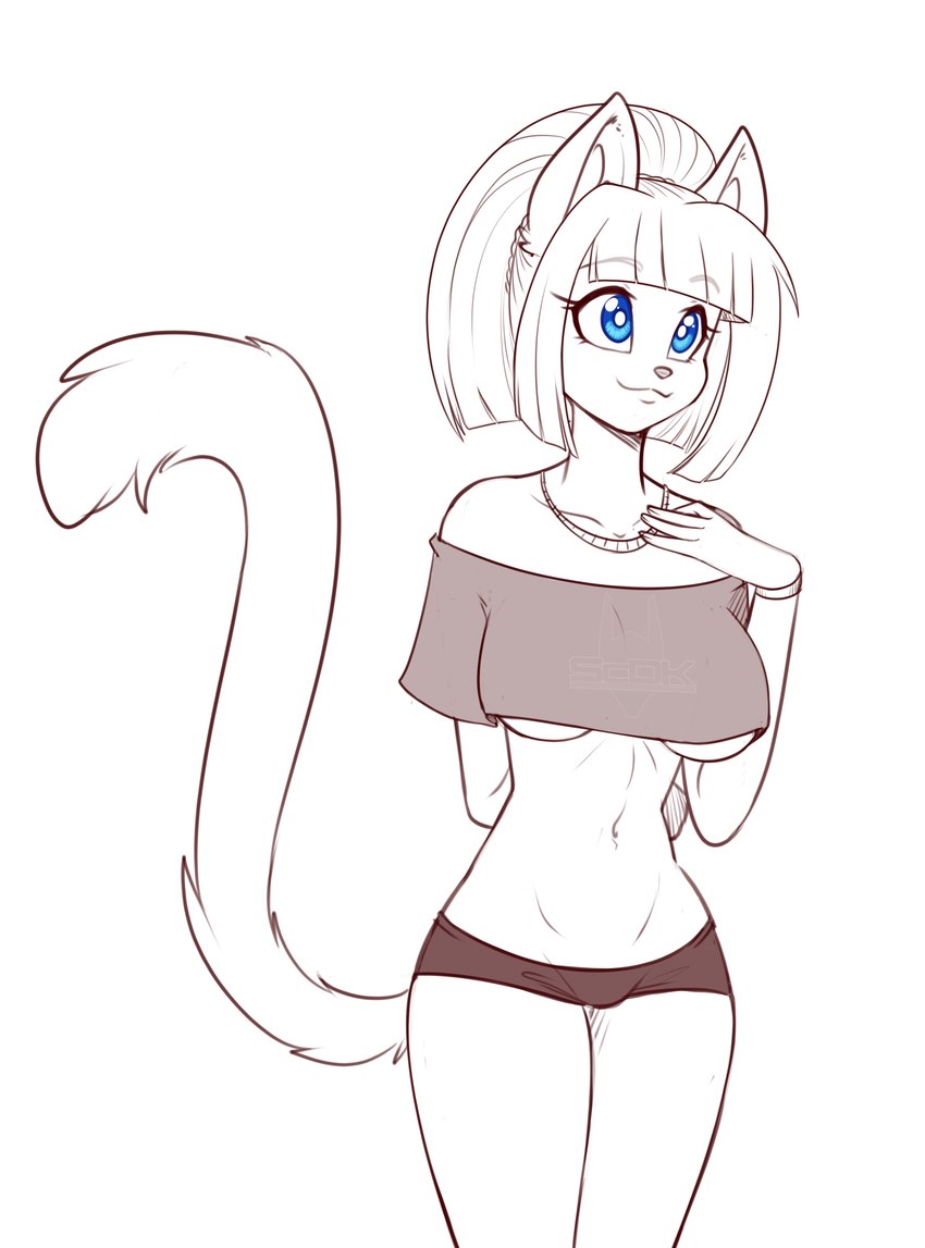 anthro blue_eyes bottomwear breasts clothed clothing crop_top eyebrow_through_hair eyebrows eyelashes female hair inner_ear_fluff jewelry midriff necklace off_shoulder shirt shorts solo topwear translucent translucent_hair tuft under_boob wristband scorpdk domestic_cat felid feline felis mammal 2025 absurd_res hi_res spot_color