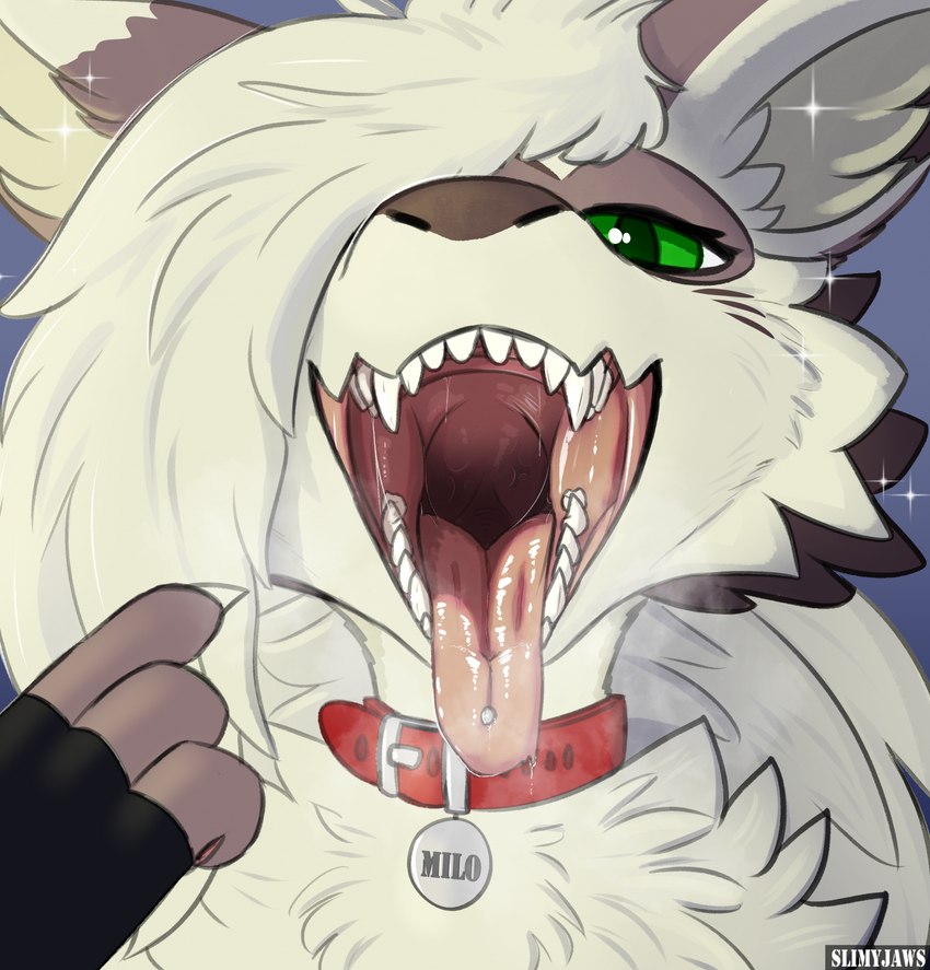 ambiguous_gender anthro bodily_fluids breath collar green_eyes mouth_shot obscured_eyes open_mouth piercing pointing_at_mouth saliva saliva_string solo throat tongue tongue_out tongue_piercing slimyjaws milo_(slimyjaws) novabeast hi_res