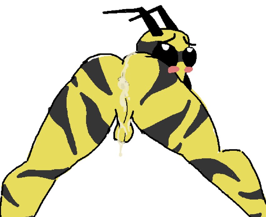 anthro anus backsack balls big_butt blush bodily_fluids bro_(buffalonium) butt cum cum_drip cum_inside dripping femboy genital_fluids genitals looking_at_viewer looking_pleasured male mandibles markings presenting presenting_anus presenting_hindquarters simple_background simple_eyes solo yellow_body buffalonium arthropod hymenopteran insect wasp