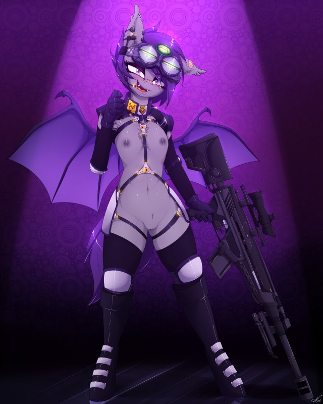 anthro areola bat_wings clothed clothing erect_nipples female flat_chested genitals gun ineffective_clothing membrane_(anatomy) membranous_wings mostly_nude nipples pussy ranged_weapon rifle sniper_rifle solo weapon wings replica_(artist) hasbro my_little_pony fan_character nolegs_(oc) bat_pony equid hybrid mammal 2016 4:5 hi_res