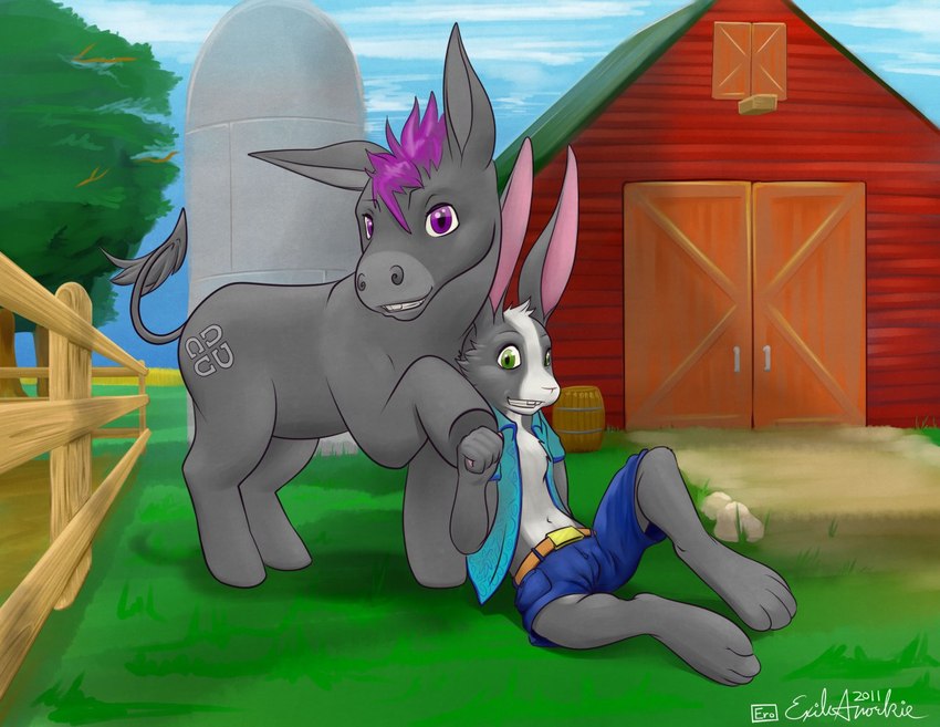 anthro barefoot barn belt bottomwear clothed clothing cutie_mark duo feet fence feral fist_bump fur gesture grass green_eyes grey_body grey_fur hair leaning leaning_on_another long_ears male nude open_clothing open_shirt open_topwear plant purple_eyes purple_hair reclining shirt shorts sitting sitting_on_ground topwear tree white_body white_fur white_hair ero_jasper_(artist) hasbro my_little_pony ero_jasper_(character) fan_character hoofn_donkey asinus donkey equid equine lagomorph leporid mammal rabbit 2011