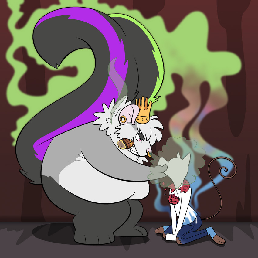 drone dronification duo facial_piercing musk nose_piercing nose_ring piercing ring_piercing smoke soul soul_stealing soul_vore transformation unusual_vore vore trevor-fox dolor_voidsong trevor-fox_(character) american_opossum hybrid mammal marsupial mephitid mouse murid murine rodent skunk 1:1 hi_res