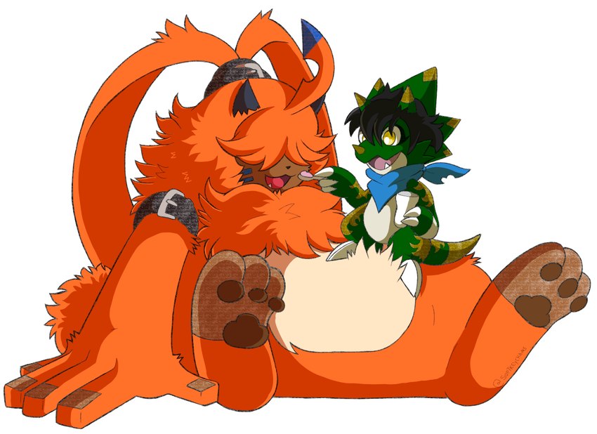 anthro belt black_hair blue_kerchief blue_neckerchief duo fur green_body hair hair_over_eyes horn kerchief male neckerchief neckwear orange_body orange_fur pawpads simple_background sitting size_difference smile white_background portugueselynx bandai_namco digimon angoramon digimon_(species) gammamon