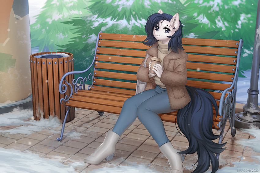 5_fingers anthro bench beverage blue_eyes blue_pupils boots bottomwear breasts brick_floor clothed clothing coffee coffee_cup container cup day denim denim_bottomwear denim_clothing detailed_background ear_piercing ears_up equine_tail eyebrows eyelashes female fingers footwear fur hair jeans long_hair long_tail outside pants piercing plant pupils shoes sitting smile snow solo sweater tail topwear trash_can tree vest white_body white_fur margony equid equine horse mammal pony 2020 digital_media_(artwork)