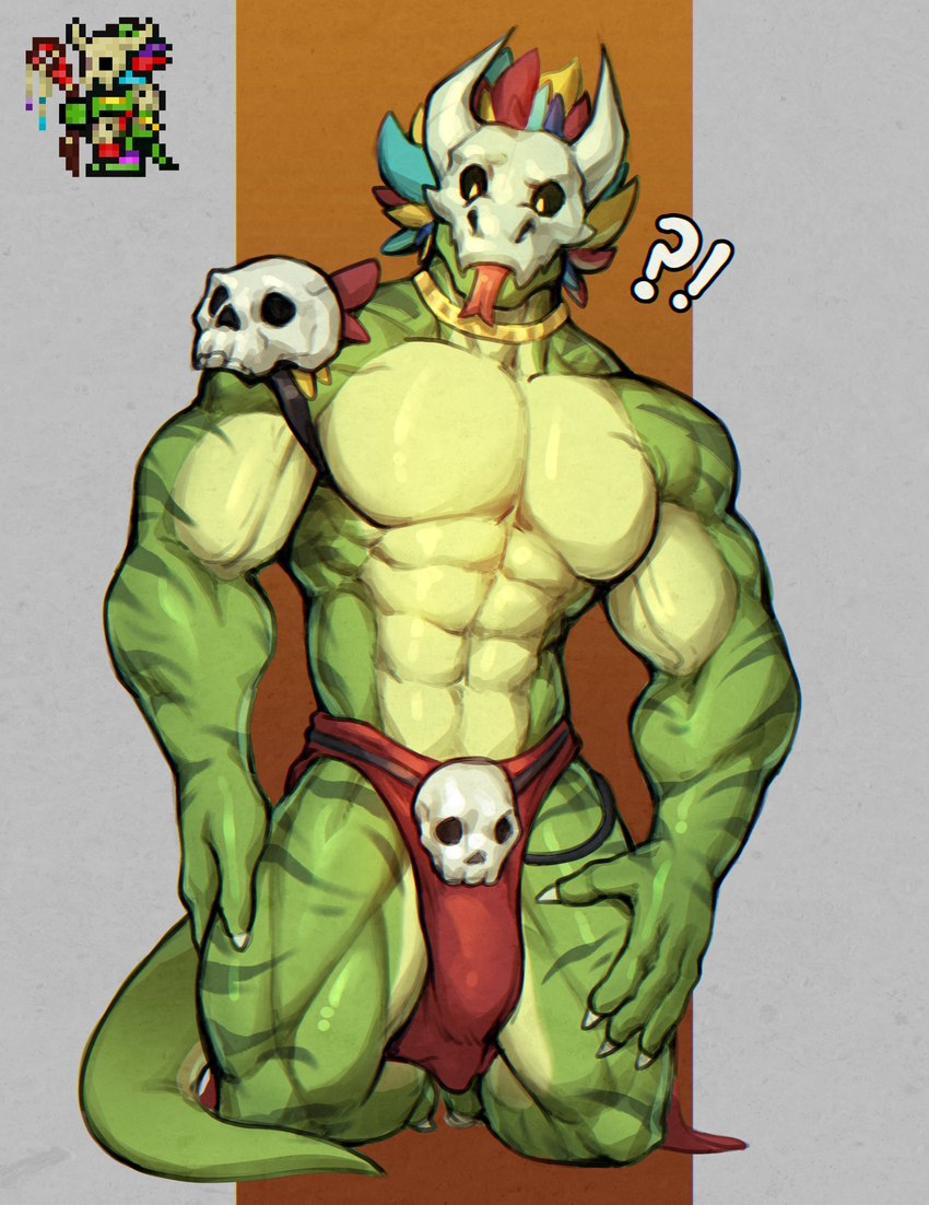 abs anthro big_muscles bottomwear bulge claws clothed clothing forked_tongue front_view green_body green_scales head_feathers interrobang jewelry kneeling loincloth loincloth_only male mask muscular muscular_anthro muscular_male pecs scales shoulder_pads skull_mask solo tongue tongue_out topless tribal mixterart terraria witch_doctor_(terraria) lihzahrd lizard mammal reptile scalie absurd_res hi_res