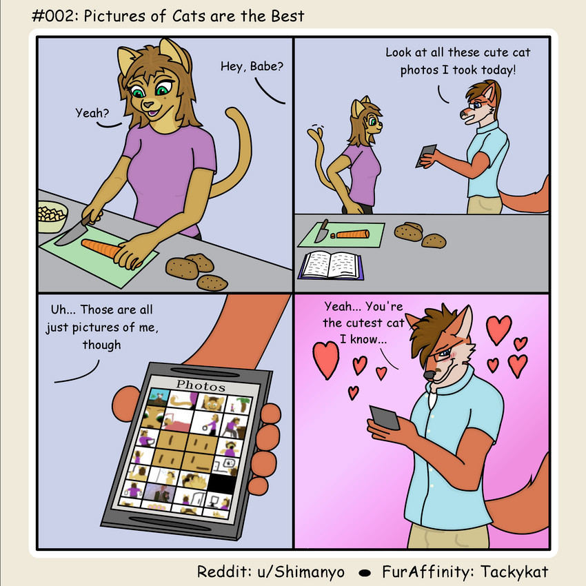 4_panel_comic anthro blush breasts cooking dialogue duo electronics female heart_symbol male male/female phone text tackykat loss allie_(tackykat) kyle_(tackykat) rick_astley canid canine domestic_cat felid feline felis fox mammal 1:1 absurd_res comic english_text hi_res meme