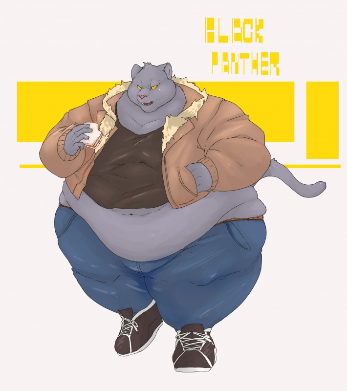 anthro belly belly_overhang big_belly black_body black_fur bottomwear chubby_cheeks clothed clothing denim denim_bottomwear denim_clothing eating food fur hand_in_pocket holding_food holding_object jeans love_handles male melanistic midriff navel obese obese_anthro obese_male open_mouth overweight overweight_anthro overweight_male pants pockets sandwich_(food) solo thick_thighs tight_clothing walking wide_hips gabu2929 felid jaguar mammal pantherine absurd_res hi_res