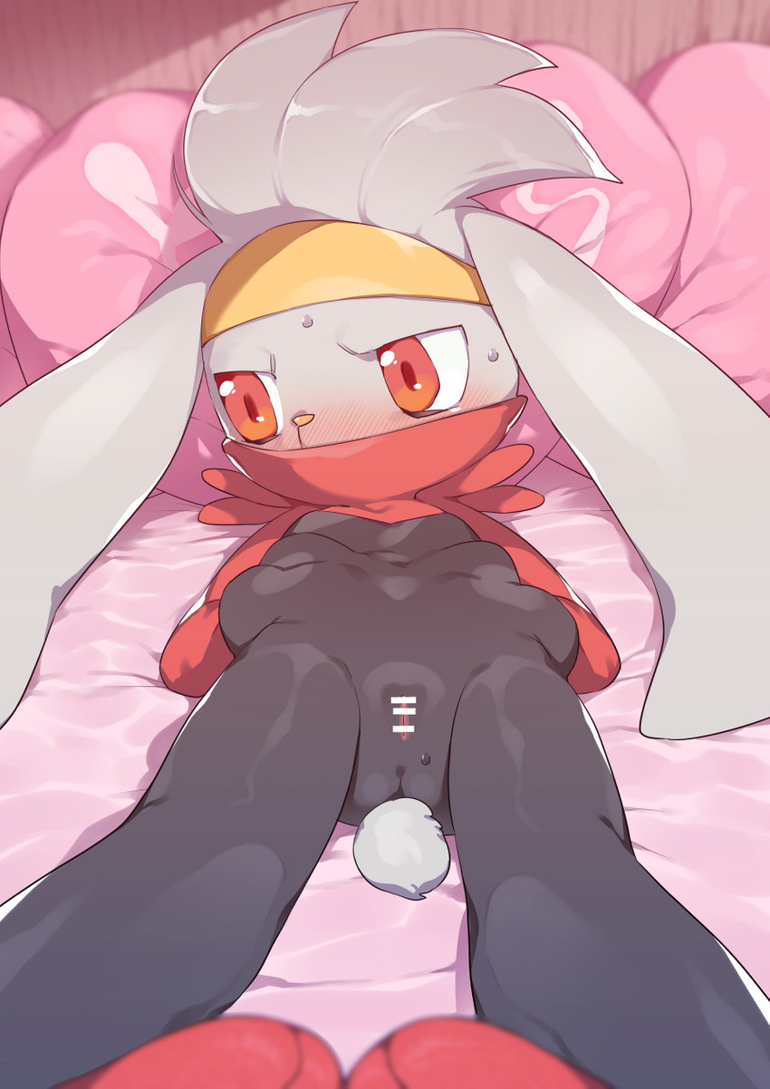 anthro bed bed_sheet bedding black_body black_fur blush bodily_fluids female fur furniture genitals pillow pussy red_eyes solo sweat white_body white_fur mizo_ne nintendo pokemon generation_8_pokemon lagomorph mammal pokemon_(species) raboot 2020 censored hi_res