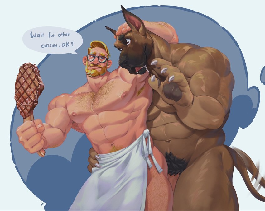 abs anthro apron apron_only armpit_hair beard big_muscles big_pecs big_penis blonde_hair bodily_fluids body_hair chest_hair clothing drooling drumstick_(food) duo eyewear facial_hair food genitals glasses hair hairy holding_food holding_meat holding_object holding_partner human_on_anthro interspecies larger_anthro larger_male male male/male meat muscular muscular_anthro muscular_human muscular_male mustache navel nipples nude pecs penis pubes saliva size_difference tail tail_motion tailwag benoitxie canid canine canis domestic_dog great_dane human mammal mastiff molosser hi_res