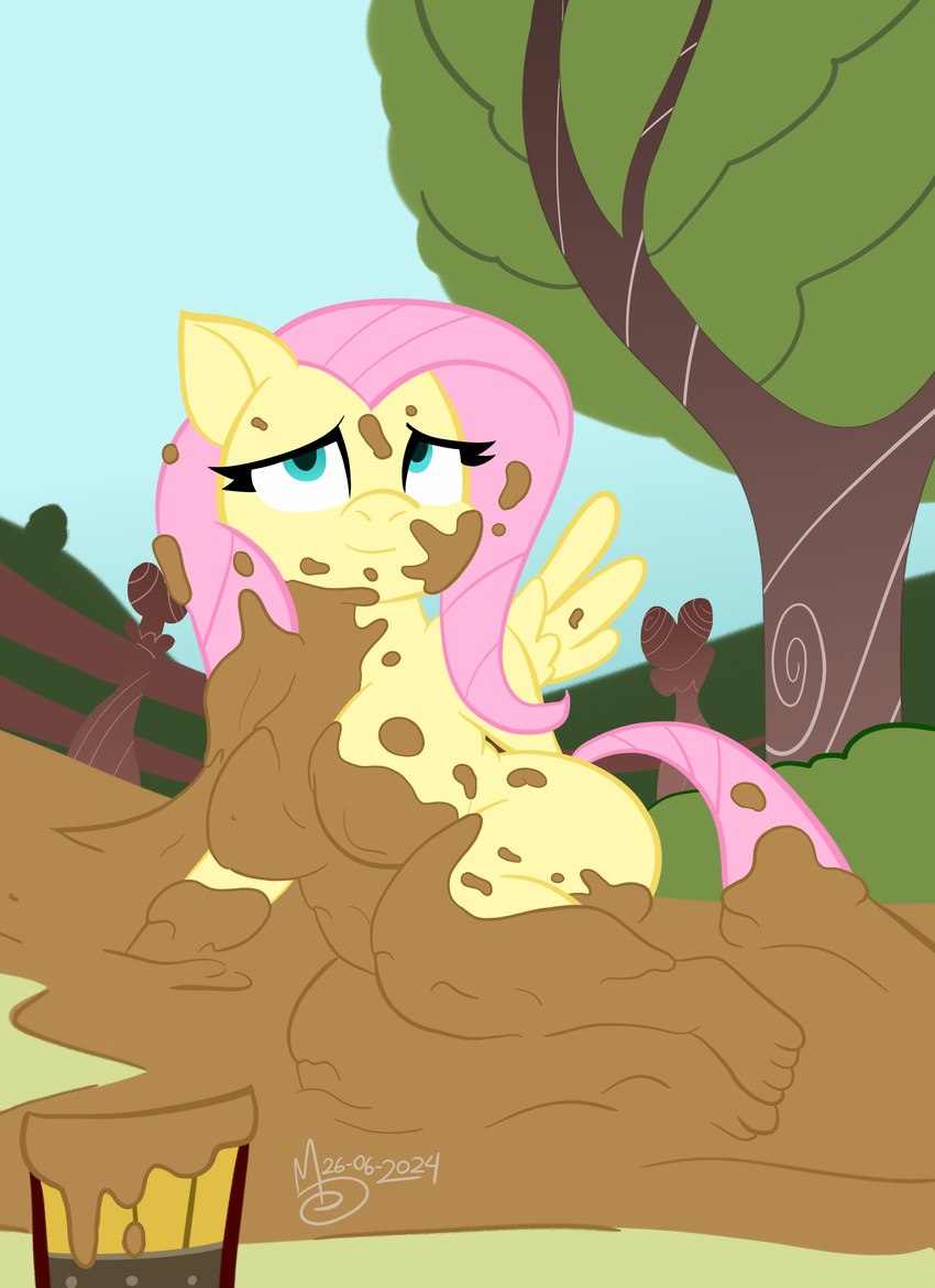 anthro bucket container female fluttershy's_cottage looking_at_viewer messy mud mud_bath mud_covered muddy slightly_chubby slightly_chubby_female solo spread_wings wings sebaku friendship_is_magic hasbro my_little_pony mythology fluttershy_(mlp) equid equine mammal mythological_creature mythological_equine pegasus absurd_res hi_res