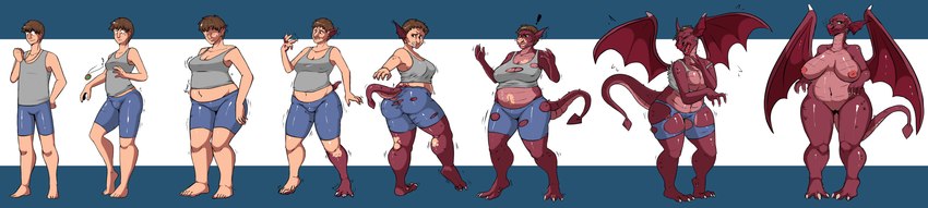 anthro anthro_transformation barefoot basic_sequence big_breasts biped body_part_growth bottomwear breast_growth breasts brown_hair butt claw_growth claws clothing exclamation_point feet female gender_transformation genitals growth hair human_to_anthro linear_sequence male mid_transformation mtf_transformation multi_frame_sequence nipples pants pussy scale_growth scales shirt short_hair simple_background slightly_chubby snout snout_growth solo spade_tail species_transformation standing surprise tail tail_growth tf_into_fictional_character topwear torn_clothing transformation transformation_sequence wide_hips wide_image wing_growth wings slipe dreamworks mythology shrek_(series) dragon_(shrek) dragon human mammal mythological_creature mythological_scalie scalie 2017 absurd_res hi_res long_image sequence