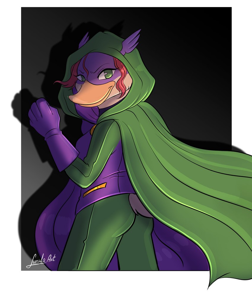 anthro breasts brown_body brown_feathers cape clothing feathers female green_clothing hair hood looking_at_viewer non-mammal_breasts purple_clothing red_hair smile solo superhero superhero_costume kinkypeach darkwing_duck disney ducktales ducktales_(2017) gosalyn_mallard gosalyn_waddlemeyer quiverwing_quack anatid anseriform avian bird duck hi_res