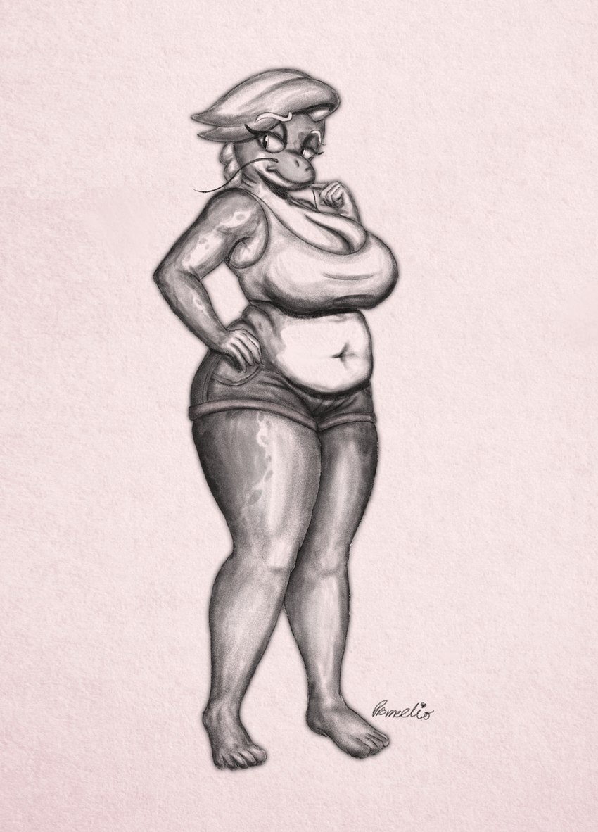 anthro belly big_breasts bottomwear breasts clothing female shirt shorts slightly_chubby solo tank_top thick_thighs topwear gatogenerico promedio lily_sardine fish marine absurd_res graphite_(artwork) greyscale hi_res monochrome traditional_media_(artwork)