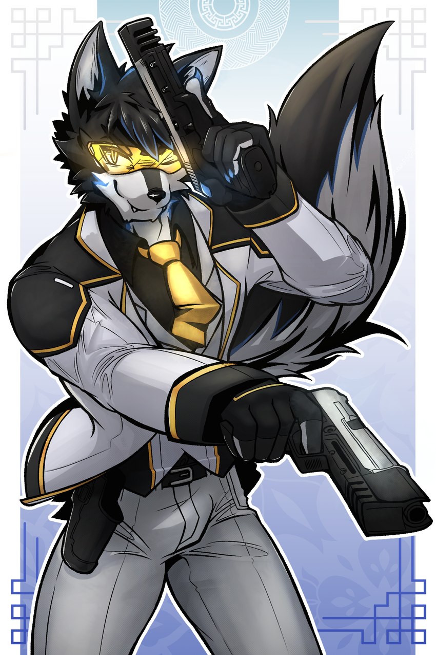 anthro belt black_body black_fur blue_hair clothing dual_weapon dual_wielding eyewear fur gun hair hk_usp_match holding_object holding_weapon holster male necktie ranged_weapon shirt solo sunglasses topwear usp weapon white_body shinjody archermagnum canid canine canis mammal wolf 2:3 hi_res