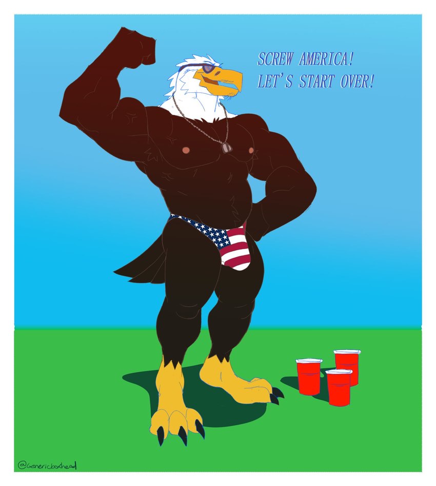 abs american_flag anthro armpit_hair biceps blue_clothing body_hair bulge chest_tuft claws clothed clothing container cup deltoids dog_tags eyewear facial_hair fist flag flag_print flexing flexing_bicep hand_on_hip happy_trail holidays male manly muscular muscular_legs mustache nipples obliques outside pecs red_clothing red_solo_cup simple_background solo standing stubble sunglasses swimwear swimwear_only text thong thong_only topless triceps tuft underwear underwear_only united_states_of_america vein veiny_muscles white_clothing genericboxhead 4th_of_july accipitrid accipitriform avian bald_eagle bird eagle sea_eagle hi_res