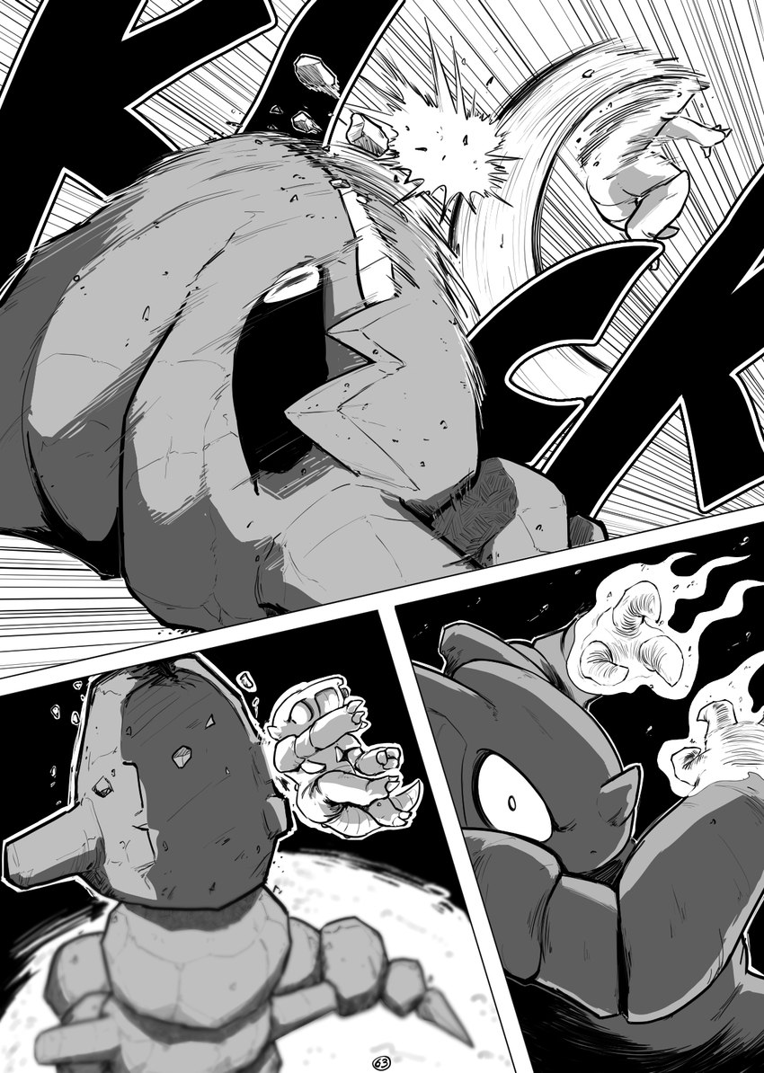 3_panel_comic ambiguous_gender claws clenched_teeth duo female fight looking_at_another midair motion_lines page_number punch rock sound_effects teeth white_sclera shoutingisfun nintendo pokemon queenie_(shoutingisfun) generation_1_pokemon generation_2_pokemon nidoqueen pokemon_(species) steelix 2024 comic digital_media_(artwork) hi_res monochrome