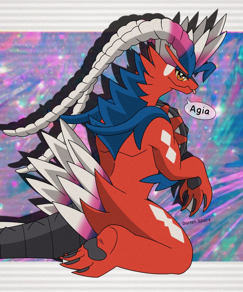 eyelashes feet feral fingers fur kemono looking_at_viewer male pawpads paws rear_view red_body red_fur red_scales scales smile solo tail text toes tongue tongue_out darlan_space game_freak nintendo pokemon ancient_pokemon generation_9_pokemon koraidon legendary_pokemon paradox_pokemon pokemon_(species) scalie 5:6 colored digital_drawing_(artwork) digital_media_(artwork) hi_res shaded signature