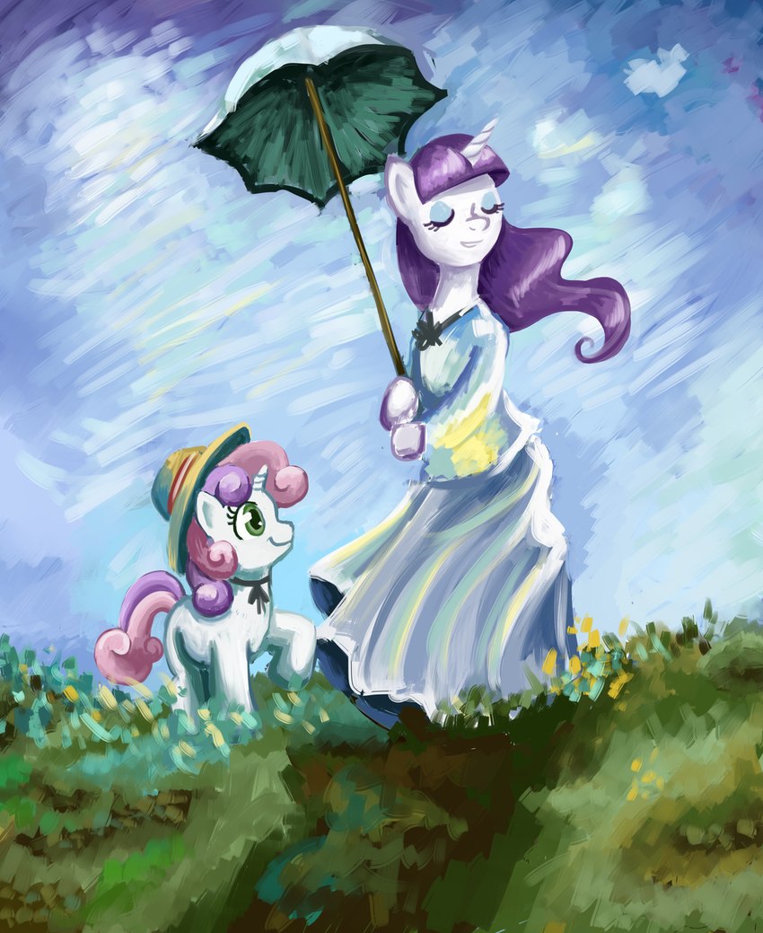 anthro clothed clothing detailed_background dress duo eyes_closed female feral grass green_eyes hair hat headgear headwear holding_object horn looking_at_another outside parasol plant pose purple_hair standing white_body young young_feral rk-d friendship_is_magic hasbro my_little_pony mythology rarity_(mlp) sweetie_belle_(mlp) equid equine mammal mythological_creature mythological_equine unicorn hi_res inspired_by_formal_art sibling_(lore) sister_(lore) sisters_(lore)