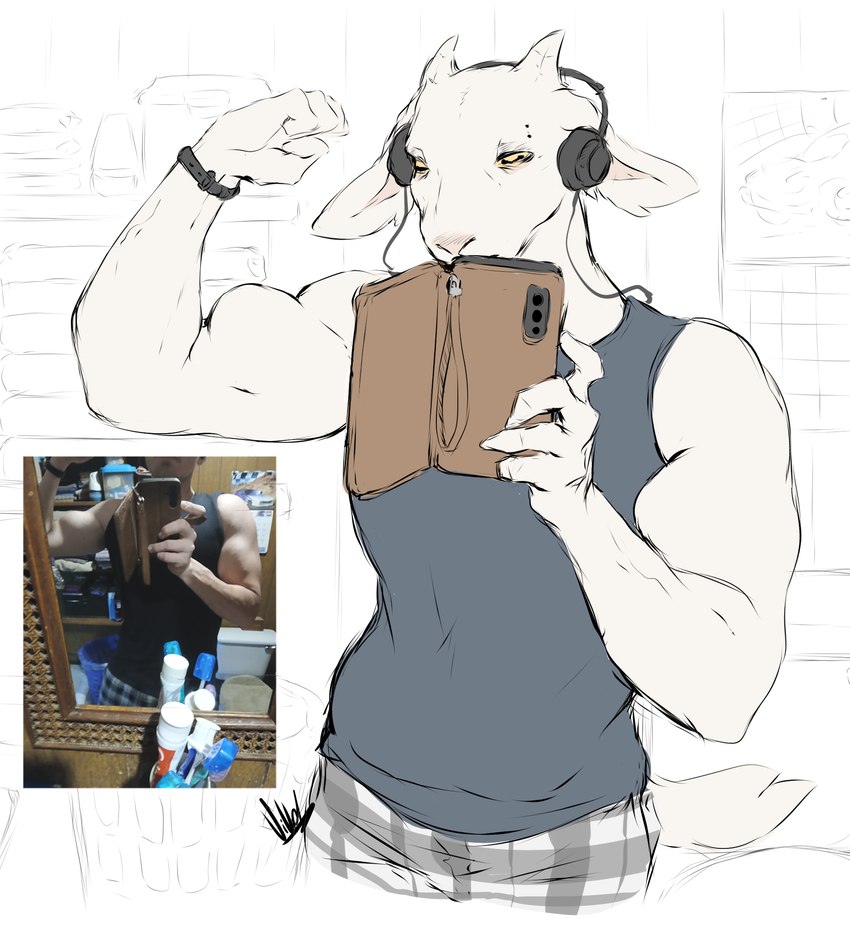 anthro cellphone clothing curved_horn electronics eyebrow_piercing facial_piercing flexing flexing_bicep fur headphones horn male mirror_selfie phone piercing pink_nose selfie shirt smartphone solo tank_top topwear white_body white_fur yellow_sclera dullvivid kane_(dullvivid) bovid caprine goat mammal 2025 hi_res