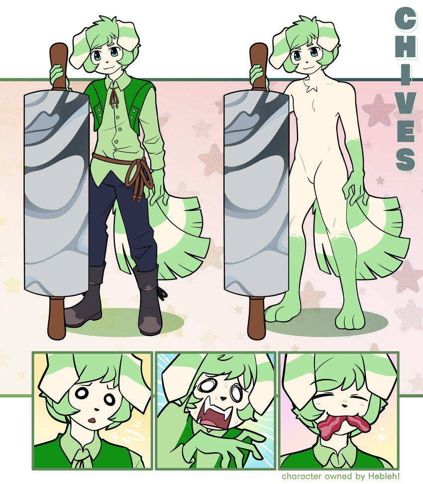 anthro clothing fur green_body green_fur green_hair hair male multi_tail neck_tuft open_mouth solo tail text tuft white_body batruse nintendo pokemon chives_(hebleh) generation_6_pokemon mammal meowstic pokemon_(species) absurd_res digital_media_(artwork) english_text hi_res