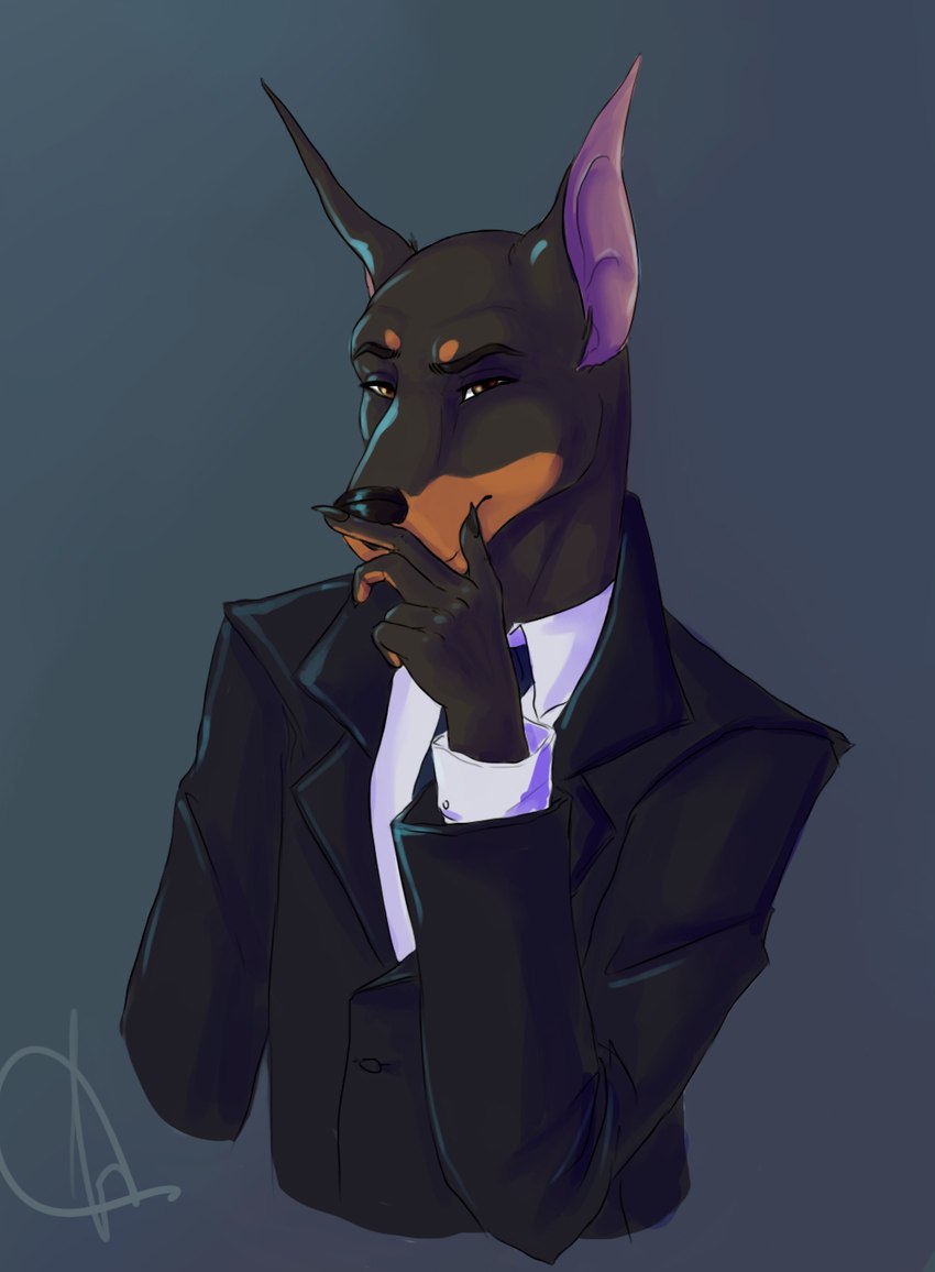 anthro black_tie_(suit) blazer clothing ears_up male necktie shirt simple_background solo suit topwear yellow_eyes sheryl_art hart_raspel canid canine canis dobermann domestic_dog mammal pinscher hi_res