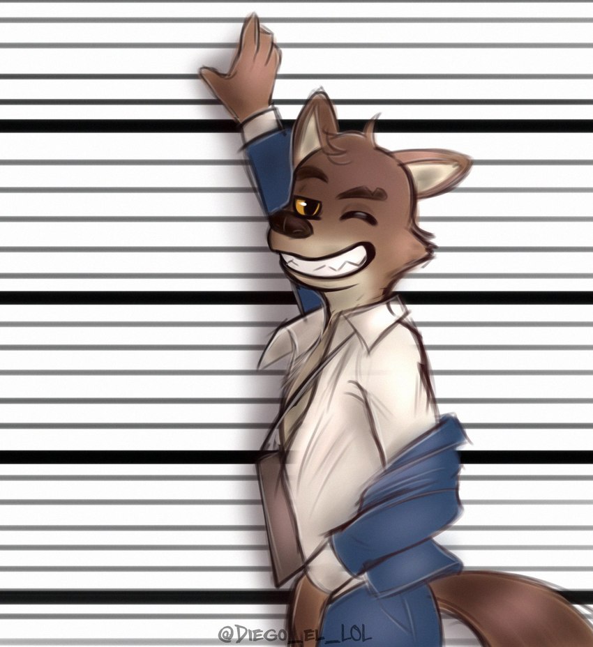 anthro blue_bottomwear blue_clothing blue_pants blue_topwear bottomwear brown_body brown_fur chart clothed clothing fully_clothed fur grin half-closed_eyes height_chart male male_anthro narrowed_eyes one_eye_closed open_clothing open_topwear pants police_lineup shirt smile solo standing station tan_body tan_fur topwear white_clothing white_shirt white_topwear wink yellow_eyes diego_el_lol dreamworks the_bad_guys mr._wolf_(the_bad_guys) canid canine canis mammal wolf 2021 digital_media_(artwork) digital_painting_(artwork) hi_res painting_(artwork) signature