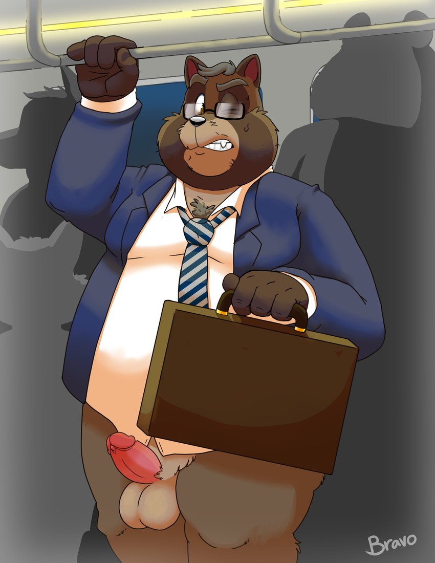 anthro balls belly big_belly black_nose briefcase brown_body clothing erection eyewear genitals glasses group male mature_male moobs necktie one_eye_closed overweight overweight_male penis shirt solo_focus topwear bravo canid canine mammal raccoon_dog tanuki 2023 absurd_res hi_res