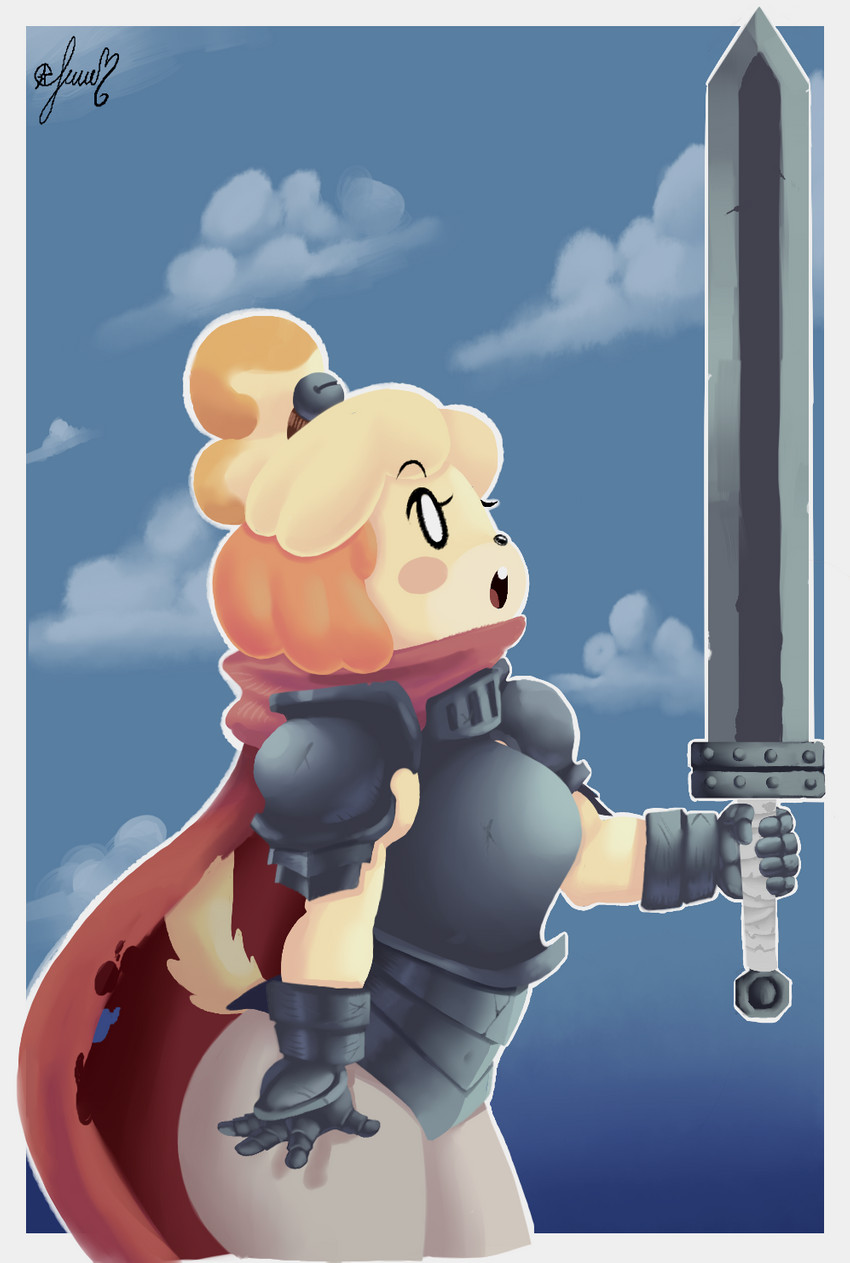 anthro armor bottomwear broadsword clothing cloud cosplay crossover_cosplay female gloves handwear melee_weapon pants scarf shoulder_pads solo sword weapon panthera_cantus animal_crossing berserk_(series) nintendo guts_(berserk) isabelle_(animal_crossing) canid canine canis domestic_dog mammal colored crossover digital_media_(artwork) hi_res