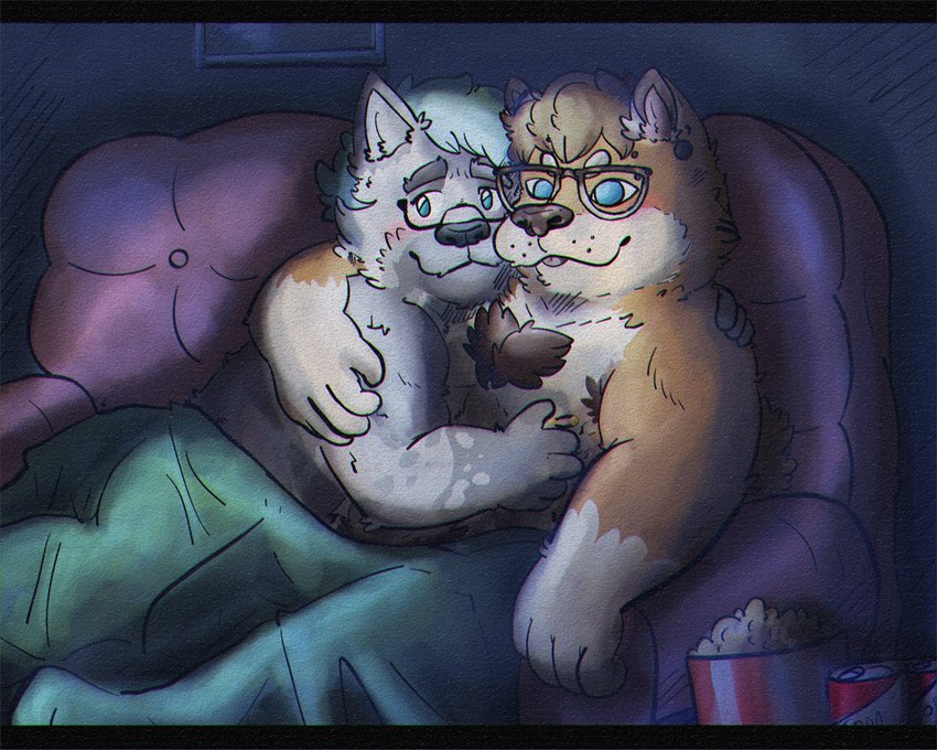 anthro bedding biped black_nose blanket blue_eyes blush brown_body duo eyewear food furniture glasses grey_body hug male popcorn sofa 06junior11 canid canine canis domestic_dog mammal 2023 hi_res