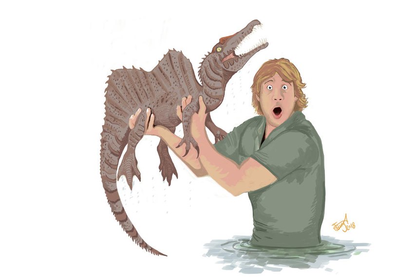 ambiguous_gender blonde_hair caught_in_the_act claws dorsal_ridge duo feral hair holding_another male markings open_mouth partially_submerged simple_background striped_body striped_markings stripes white_background hodarinundu steve_irwin dinosaur human mammal prehistoric_species reptile scalie spinosaurid spinosaurus theropod