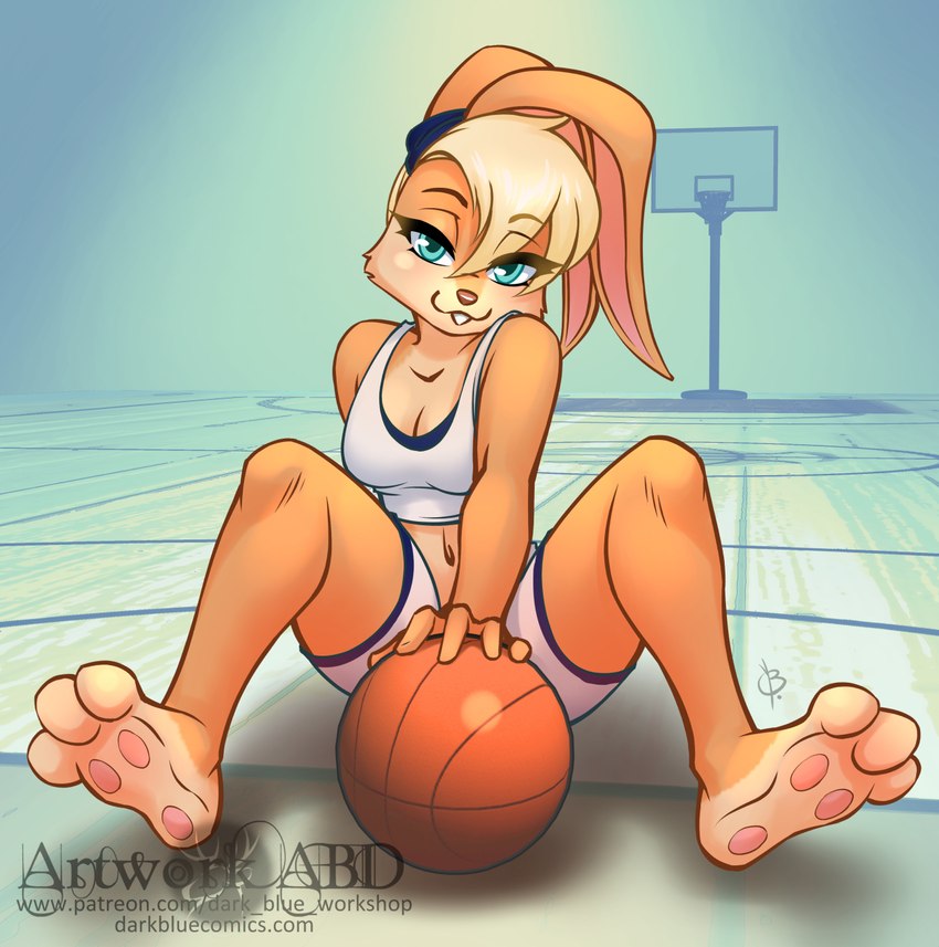 3_toes 5_fingers anthro ball barefoot basketball_(ball) basketball_court basketball_hoop biped blonde_hair blue_eyes bottomwear breasts buckteeth cleavage clothed clothed_anthro clothed_female clothing eye_through_hair eyebrow_through_hair eyebrows eyelashes feet female fingers fully_clothed fully_clothed_anthro fully_clothed_female fur hair long_ears midriff navel orange_body orange_fur patreon_username pawpads paws pink_nose pink_pawpads plantigrade shirt shorts sitting sitting_on_ground soles solo tank_top teeth text thick_eyelashes toes topwear translucent translucent_hair abluedeer looney_tunes warner_brothers lola_bunny lagomorph leporid mammal rabbit 2024 hi_res url